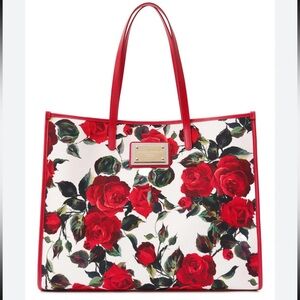 NWT Authentic Dolce & Gabbana Large Rose Print Canvas Tote – Red Leather Trim